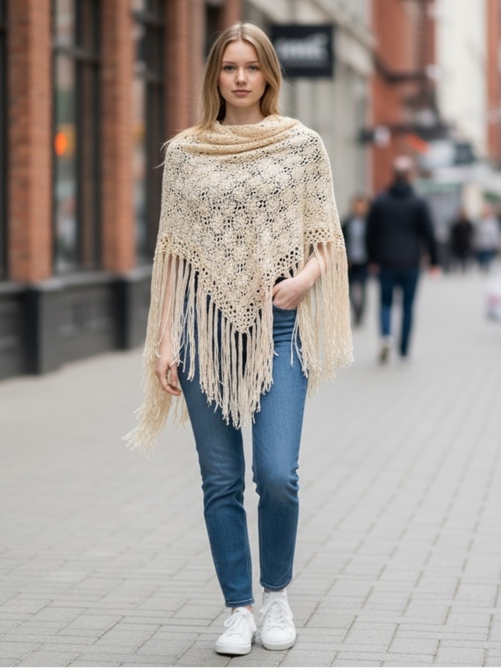 Hand-Knotted Macramé Fringe Triangle Shawl Wrap – Boho Festival Beige/Cream